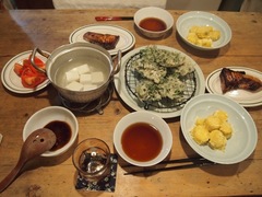 春菊とシラスのかき揚げ　ブリの照り焼き　さつま芋のサラダ.jpg